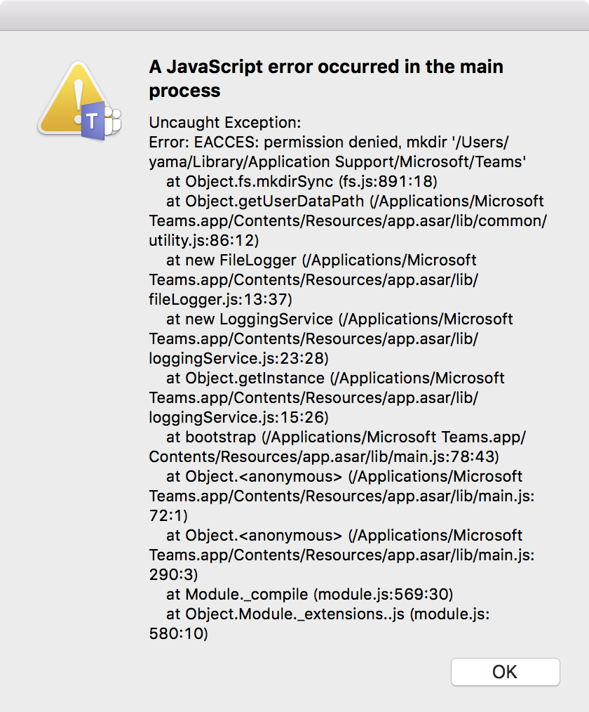 Microsoft Teamsアプリをmacで起動すると A Javascript Error